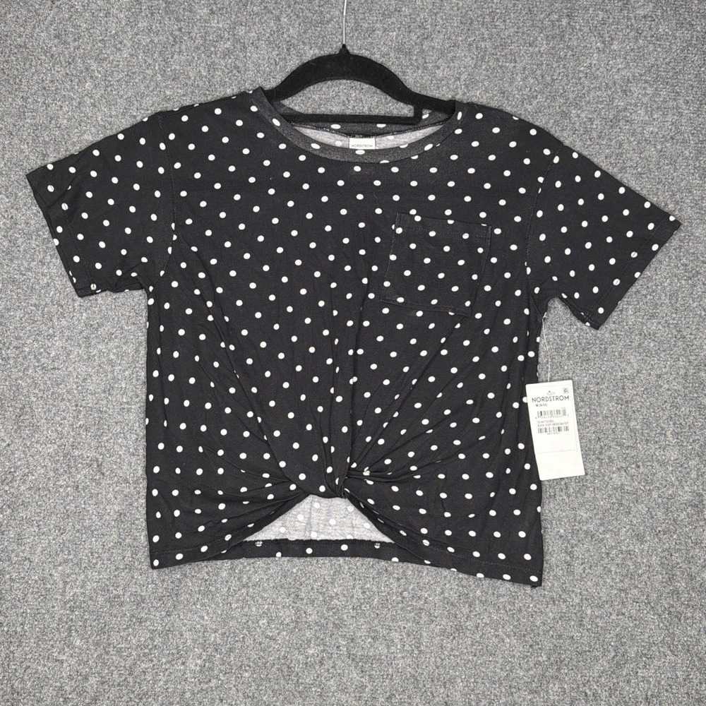 Nordstrom Girls Twist Front Crop Top Tee Black Ivory Polka Dot Size M 8/10